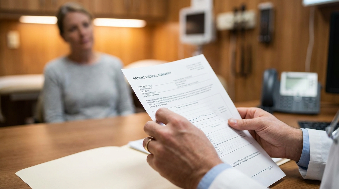 Médico analisando documentos com seriedade